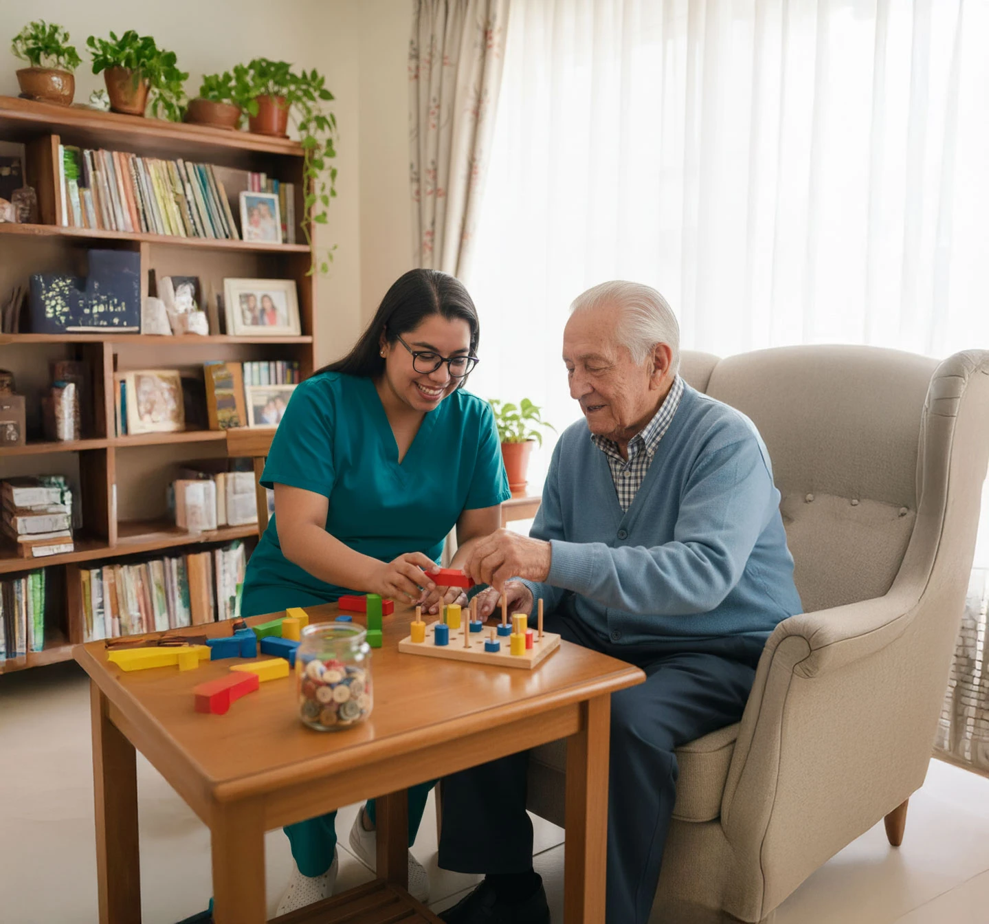 Profesional de terapia ocupacional conversando amablemente con una persona mayor en un entorno hogareño.